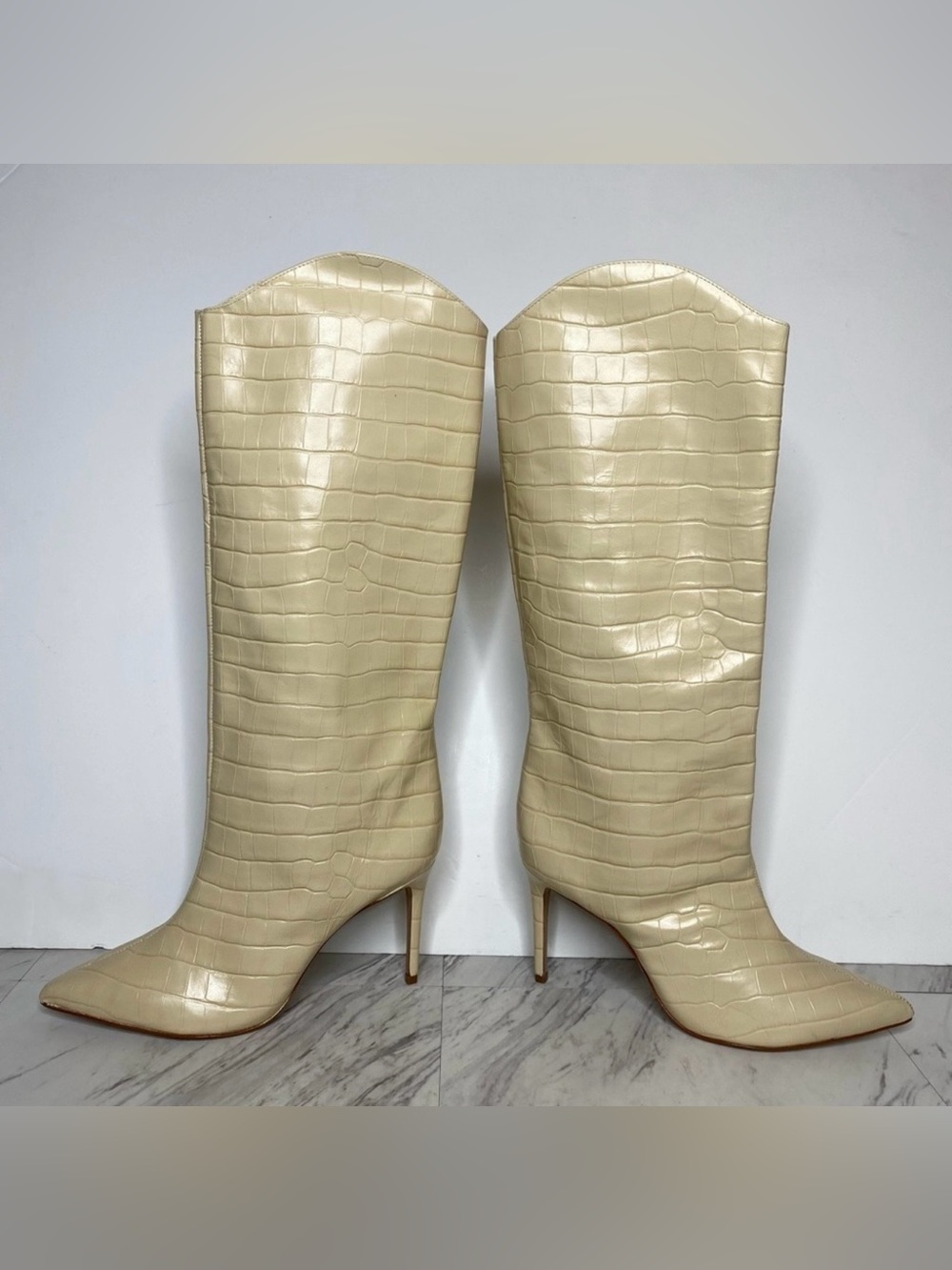 Schutz Maryana Eggshell Crocodile Embossed Leather Tall Heeled Boot 11B